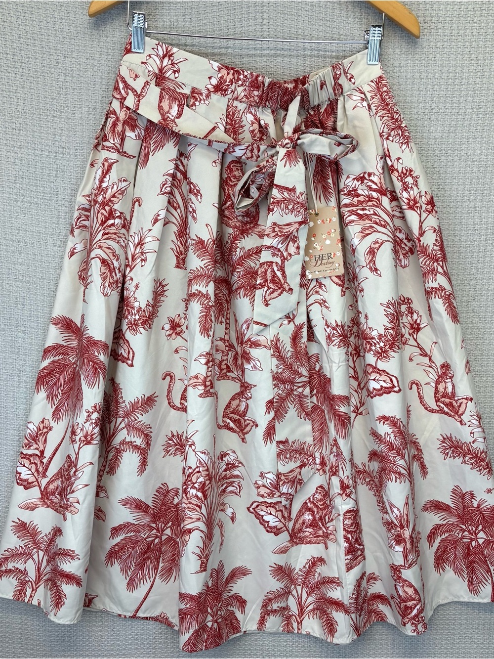 NWT Her Destiny Red White Toile De Jouy Midi Waist Tie Skirt Sz L Boho Pleated